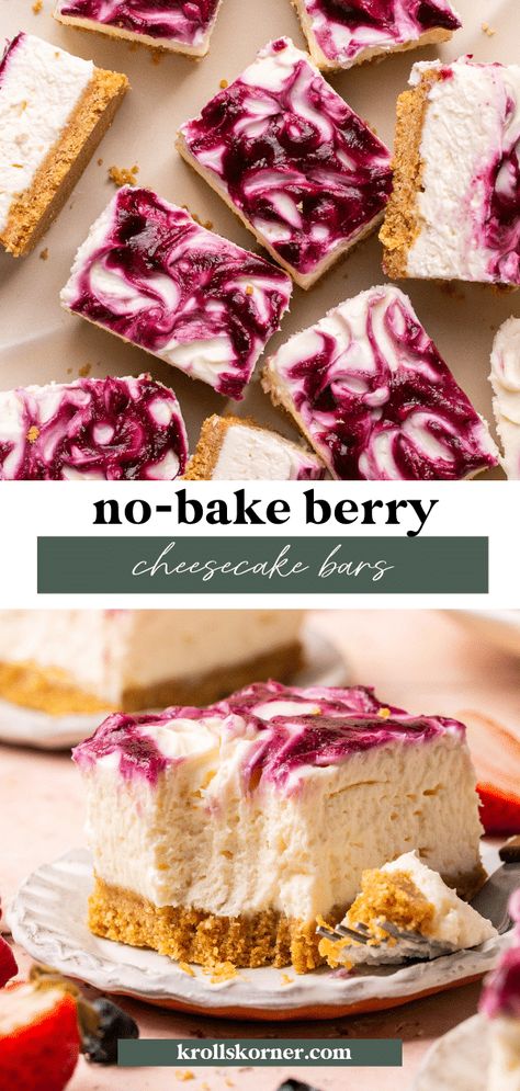 No Bake Berry Cheesecake Bars • Kroll's Korner Berry Cheesecake Bars, Berry Cheesecake Recipes, Vanilla Bean Cheesecake, Cheesecake Layer, Carrot Cake Cheesecake, Berry Cheesecake, Baked Cheese, Bake Cheesecake, Breakfast Drink