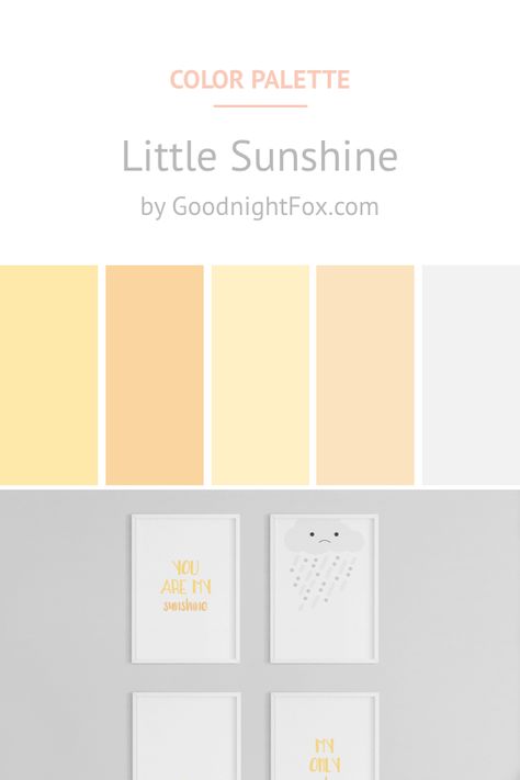 This nursery art set is perfect for your baby girl's Little Sunshine themed bedroom or nursery. Soft yellows and grays make it a great fit for a gender neutral nursery. Perfect for new baby, white and gray nursery, yellow and gray nursery, or a little pop of sunshine. These prints feature the nursery rhyme "You are my sunshine" and the sun and clouds from the GoodnightFox collection on Etsy. Great for a newborn bedroom or even a toddler bedroom, these prints come in various sizes! You Are My Sunshine Nursery Ideas, Sunshine Theme Nursery, Sunshine Themed Bedroom, Gender Neutral Nursery Color Palette, Yellow Nursery Color Palette, Soft Yellow Palette, Yellow Baby Girl Nursery, You Are My Sunshine Nursery Theme, Pastel Yellow Nursery