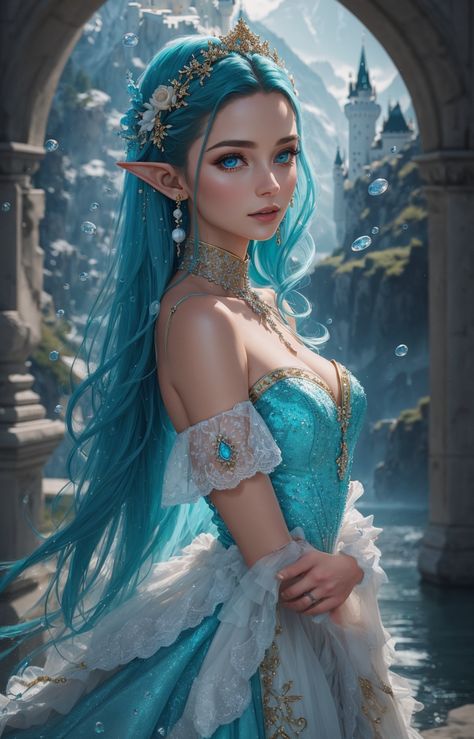 Ai genrated art of Simone Jonai. A DND character for the Mythos Mori West March. Sea Elf Divine Soul Sorceress. Blue Hair Princess, Water Nymph Character Design, Dnd Water Genasi Female, Sea Elf Female Dnd, Dnd Princess, Druid Oc, Summer Elf, Water Elf, Sea Elf