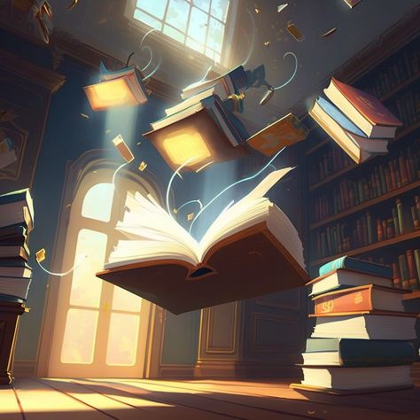 Floating magical books Magic Adventure Aesthetic, Wizard School Art, Floating Book Drawing, Magical Book Illustration, Magic Library Illustration, Magical Book Aesthetic, Magical School Art, Magical Book Drawing, Magic Book Concept Art