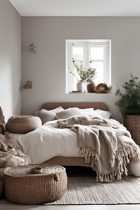 Scandinavian bedroom featuring natural textures like wood, linen, and woven rugs for a warm, inviting atmosphere. Scandinavian Interior Bedroom, Scandinavian Bedroom Ideas, Modern Organic Bedroom, Interior Bedroom Design, Bathroom Simple, Organic Bedroom, Scandinavian Lifestyle, Bedroom Trends, Organic Elements