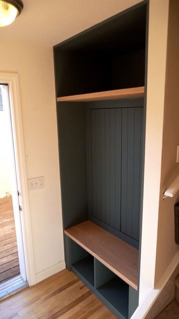 Fallen Timber Furniture, Mudroom Hidden Door, Hidden Hallway Storage, Hallway With Lots Of Doors, Entryway Cupboard, Hidden Storage Ideas, Hidden Doors, Entry Closet, Porch Storage