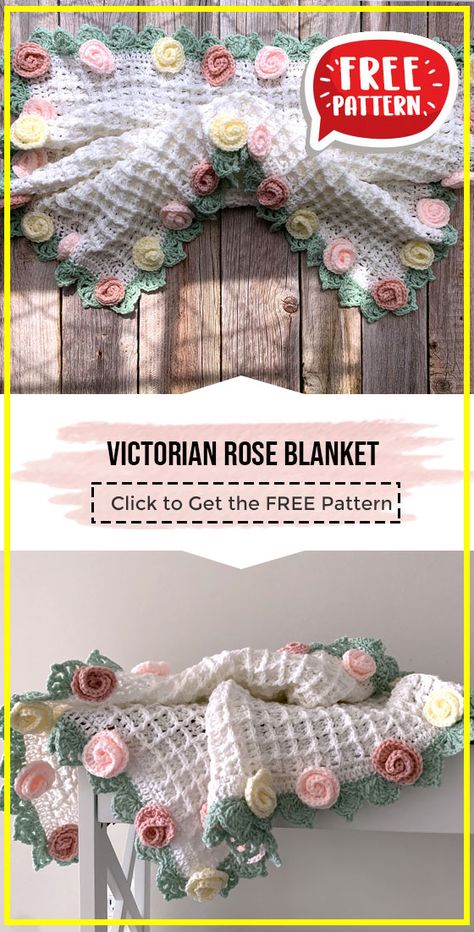 crochet Victorian Rose Blanket free pattern - FREE Crochet Victorian Rose Blanket Pattern for Beginners. Click to Get the Pattern #Blanket  #crochet #crochetpattern
 via @shareapattern.com Free Crochet Vintage Rose Granny Square Pattern, Flower Crochet Blanket Pattern Free, Crochet Rose Blanket Pattern Free, Crochet Afghan Patterns Free Vintage, Crochet Victorian Pattern, Bouquet Blanket Crochet, Vintage Crochet Blanket Pattern Free, Crochet Bouquet Blanket, Bouquet Blanket