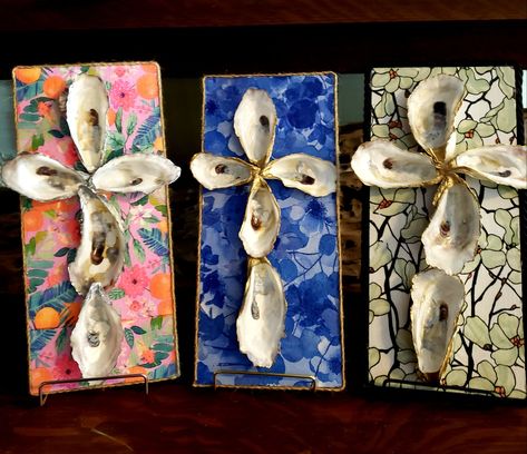 Oyster Shell Cross, Auction Class Projects, Oyster Cross, Oyster Painting, Oyster Crafts, Seashell Cross, Mosaic Letters, Shell Cross, Shop Small Business Quotes