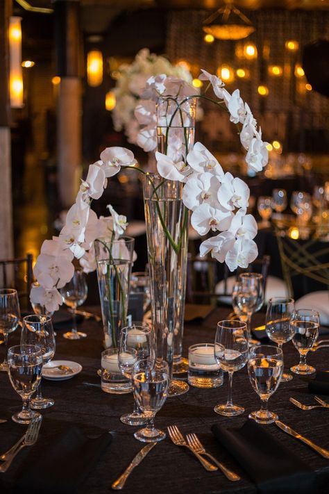 White Orchid Centerpiece, Dr Wedding, Orchid Centerpieces Wedding, Orchid Centerpiece, Wedding Smile, High School History Teacher, Tall Glass Vase, Old Hollywood Wedding, Orchid Centerpieces