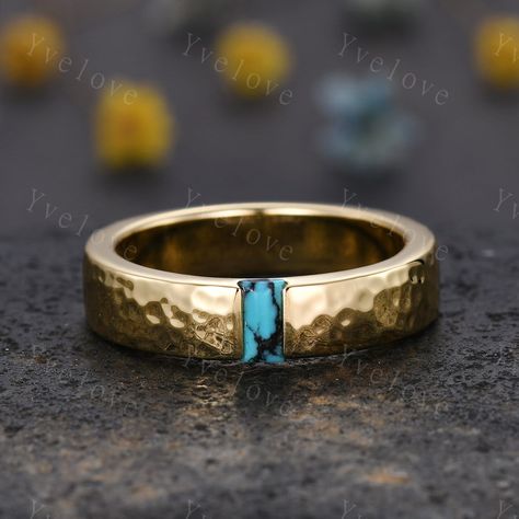 Mens Turquoise Wedding Band Baguette Cut Turquoise Band 5mm Solid Gold Ring Mens Hammered Stacking Matching Band Retro Vintage Ring Gift Anniversary Ring Gift for mens ITEM SPECIFICATIONS:  Material:925 sterling silver ,rose gold plated,yellow gold plated,white gold plated Solid gold (10k 14k 18k rose gold,yellow gold,white gold available) Platinum Main stone: 5x2.5mm baguette cut natural Turquoise band width:5mm Size and color can be choice.Handmade fine jewelry. Our Service: All sizes available,please feel free to contact me if you need another ring sizes. Craft Period:Because all of rings are handmade to orders,it takes about 13-15 business days to make (not include weekend) and 3-5 business days for arrival,thanks for your understanding. Rush Order:We offer rush order service,it takes Turquoise Mens Wedding Ring, Modern Mens Wedding Rings, Wedding Band Baguette, Mens Turquoise Rings, Turquoise Wedding Rings, Turquoise Wedding Band, Baguette Wedding Band, Turquoise Men, Turquoise Gold Ring