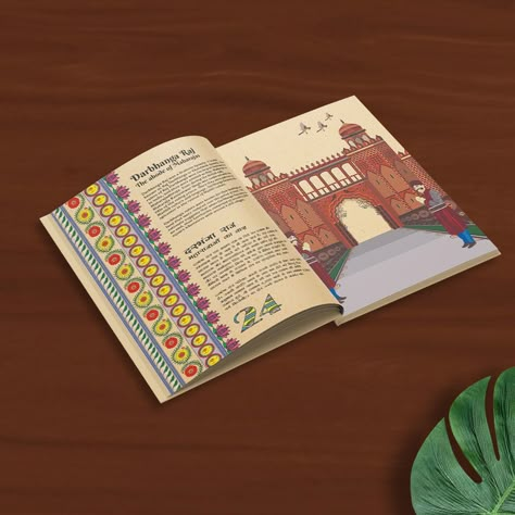 The tale of Mithila is a coffee table book that compiles the art, culture, traditions, personalities and history of the Mithlanchal region of Bihar. 

The Book has been designed by Loons for a 3-Star hotel.

The cover of the book is Mithila art. Every page has borders of the art drawn digitally. 

The page layout is rustic to give the age-old texture of manuscripts. 

The fonts used in the book are bold and designed with Mithila art. 

The choice of colors is vibrantly inspired by the art form. Indian Layout Design, Chapter Page Design Layout, History Book Layout Design, Project Layout Ideas, Coffee Table Book Cover, Catalogue Design Ideas, Documentation Layout, Coffee Table Book Layout, Floral Painting Videos