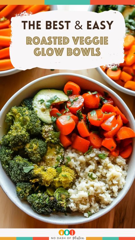 Roasted Veggie Glow Bowls Veggie Heavy Dinner, Glow Bowls, Gym Meals, Delicious Dinner Ideas, Gluten Free Travel, Dessert Smoothie, Cauliflower Curry, Soup Dinner, Curry Sauce