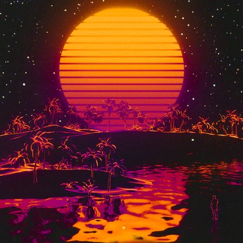 New GIF on Giphy  added on : June 26 2020 at 08:25PMart design trippy glitch water beach psychedelic sun stars digital future aesthetic dream sunset vaporwave waves landscape palm void Gif Background, Sun Setting, Palm Trees, Trees, Gif, Neon, Sun, Orange, Stars