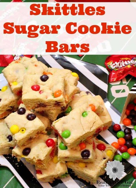 Skittles Sugar Cookie Bars Recipe - Real Advice Gal Skittles Recipes, Sugar Cookie Bars Recipe, Sugar Cookie Bar Recipe, Real Advice, Tailgate Snacks, Football Snacks, Sugar Cookie Bars, Snack Table, Cookie Bar Recipes