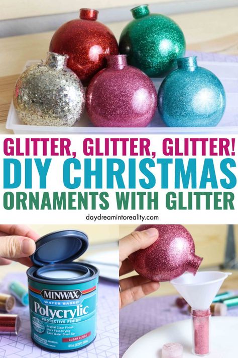 Sparkly Christmas Ornaments Diy, How To Make Glitter Christmas Bulbs, Diy Christmas Ornaments Glitter Balls, Diy Glitter Ball Ornaments, Glitter Balls Ornaments, How To Make A Glitter Ornament, Clear Ornament Filler Ideas, Glitter Glass Ornaments Diy, How To Make Glitter Ornaments Diy