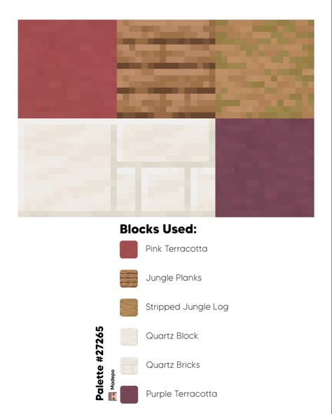 Minecraft block palette including pink terracotta, purple terracotta, jungle planks, stripped jungle log, quartz block, and quartz bricks! #minecraft #minecraftbuildingideas #minecraftaesthetic #minecraftbuild #minecraftcottagecore #color #colorpallete #tiktok #aesthetic Jungle Pallete Color Minecraft, Minecraft Block Palette Tropical, Minecraft Modern Block Palette, Jungle Wood Color Palette Minecraft, Minecraft Block Palette Quartz, Pink Terracotta Minecraft, Best Minecraft Block Combinations, Block Palets Minecraft, Jungle Wood Block Pallete Minecraft