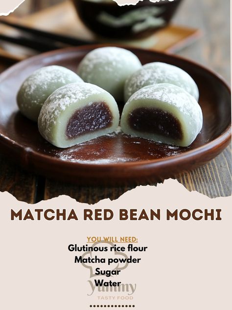 🍵🍡 Delight in our soft and chewy Matcha Red Bean Mochi! A sweet and earthy Japanese treat! 💚🍵 #MochiLovers Matcha Red Bean Mochi Ingredients: Glutinous rice flour (2 cups) Matcha powder (1 tbsp) Sugar (1/2 cup) Water (1 cup) Red bean paste (1 cup) Cornstarch (for dusting) Instructions: Mix glutinous rice flour, matcha powder, sugar, and water to form a smooth batter. Steam the batter until set. Let cool and cut into pieces. Wrap each piece around a small amount of red bean paste and dust ... Mochi Ingredients, Red Bean Mochi, Matcha Red Bean, Japanese Baking, Japanese Treats, Sweet Red Bean, Glutinous Rice Flour, Powder Sugar, Red Bean Paste