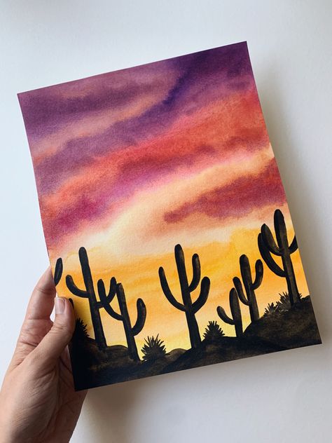 Desert sunset Saguaro National Park YouTube Tutorial. Park Sunset, Tree Tutorial, Saguaro National Park, Watercolor Cake, Watercolor Tutorial, Watercolor Sunset, Desert Sunset, Watercolor Art Lessons, Color Painting