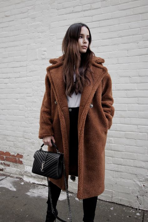 | Winter Style | Dark brown teddy coat, black denim, YSL bag by @jodiblk_ Brown Teddy Coat Outfit Winter, Brown Teddy Jacket Outfit, Brown Teddy Coat Outfit, Teddy Coat Outfit Winter, Teddy Coat Outfit, Coat Outfit Ideas, Brown Winter Coat, Winter Coat Outfits, Bear Coat