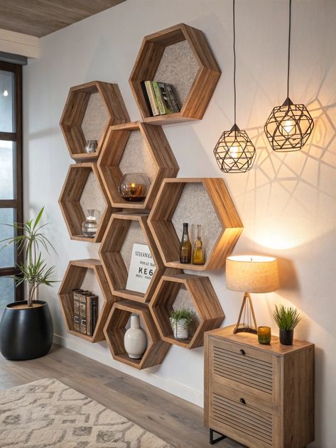 Check out these stunning hexagonal honeycomb wall shelves! Perfect for displaying your favorite books and plants while adding a modern touch to any space.  What do you think? Share your thoughts in the comments! . #woodworking #wood #handmade #woodworker #woodwork #diy #design #smallbusiness #interiordesign #woodart #art #homedecor #furniture #wooddesign #carpentry #woodcraft Wooden Hexagon Wall Decor, Hexagon Wood Wall Art, Action Figure Display Case, Books And Plants, Honeycomb Decor, Honeycomb Wall, Wood Wall Design, Honeycomb Shelves, Woodwork Diy