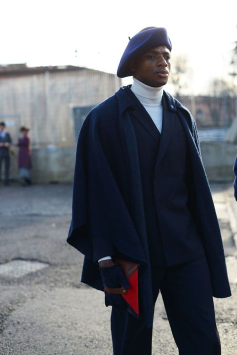 Cape Street Style, Men’s Beret Outfit, Black Beret Outfit Men, Men Beret Outfit, Beret Hat Outfit Men, Men In Berets, Men’s Winter Hat, Mens Beret Outfit, Cape Outfit Men