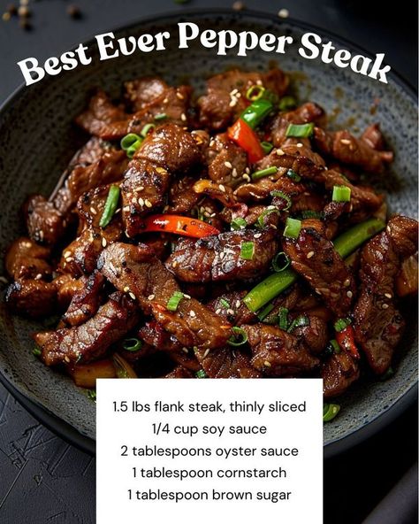 Kitchen Feast | 🌟 Best Ever Pepper Steak 🌟 | Facebook Black Pepper Steak, Peper Steak, Chinese Pepper Steak, Skillet Steak, Pepper Steak Recipe, Pepper Steak, Flank Steak, Oyster Sauce, Steak Recipes