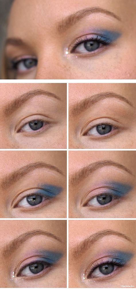 Blue winged eyeshadow makeup tutorial #bluemakeup #makeuptutorial #makeupdiagram #eyemakeupideas #blueeyemakeup #pridemakeup #blueandpinkmakeup #glittermakeup Easy Blue Makeup, Blue Eyeshadow Tutorial, Blue Makeup Look, Blue Eyeshadow Makeup, Blue Eyeshadow Looks, Blue Makeup Looks, Yellow Makeup, Cute Eyeshadow Looks, Eyeshadow For Blue Eyes