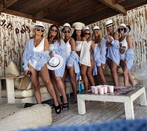 Bach Party Beach Theme, All White Hens Party, Yacht Theme Bachelorette, Hen Do Beach Club Outfit, Hen Outfit Ideas, Nautical Hens Party, White And Blue Bachelorette Party Outfit, Something Blue Bachelorette Theme Outfits, Bach Party Matching Outfits