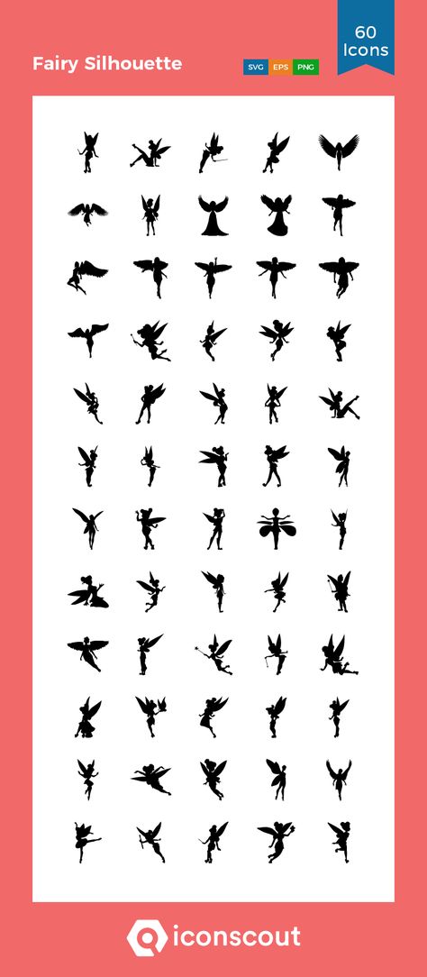 Fairy Silhouette  Icon Pack - 60 Glyph Icons Pixie Logo Design, Fairy Logo Design Ideas, Fairy Typography, Fairy Graphic Design, Fairy Symbols, Fairy Logo Design, Fairy Font, Fairy Logo, Fairy Graphic