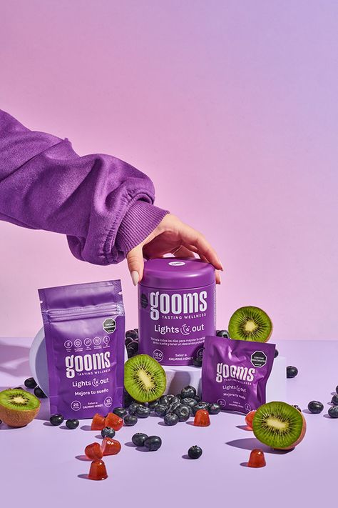 Natural gummies that taste wellnes, product photography for colombian brand named Gooms is a natural and healthy product. food photography and art direction for colorful brand. Gummy creatieve and colorful photography Collagen Product Photography, Product Photography Supplements, Candy Product Photography, Gummies Packaging Design, Product Photography Composition, Gummies Photography, Healthy Food Packaging Design, Supplements Photography, Matcha Photography