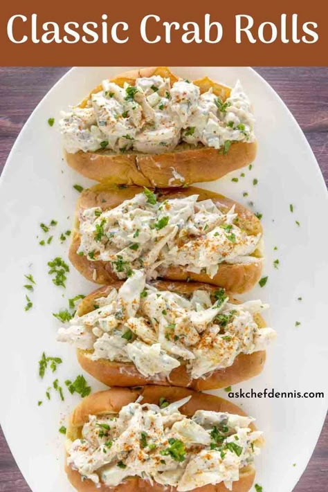 This easy-to-make crab roll recipe takes about ten minutes to make, and it will be better than your favorite seafood restaurant. These classic crab rolls are loaded with fresh jumbo lump crabmeat gently tossed with a seasoned mayonnaise-based dressing. Make this seafood dish today! Crab Rolls Sandwich, Lump Crab Recipes, Crab Salad Sandwich, Seafood Sandwiches, Crab Sandwich, Rolled Sandwiches, Crab Rolls, Crab Salad Recipe, Crab Meat Recipes