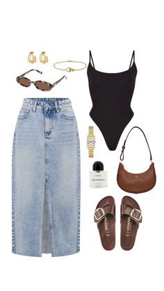 Sandals Outfit Black Women, Clean Summer Outfit, Brown Skirt Outfit Ideas, Black Sandals Outfit, Denim Skirt Outfit Summer, Sun Outfit, Looks Pinterest, Instagram Snap, Casual Day Outfits