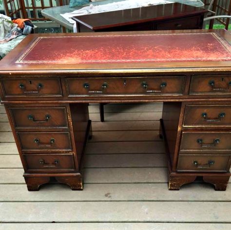 Before photo of an executive desk with a damaged leather top. Painted Antique Desk, Antique Desk Makeover, Refinished Desk, Refurbished Desk, Upcycle Desk, Desk Redo, Leather Top Desk, Back From The Brink, Mahogany Desk