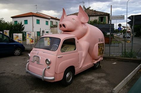 In 1960 this great pink Multipla with attached pig was used to advertise ham. Fiat Cars, Fiat 600, Pig Art, Vw Vintage, Weird Cars, This Little Piggy, Cute Pigs, Little Pigs, Weird And Wonderful