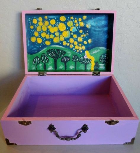 Long Golden Hair, Disney Canvas Paintings, Disney Box, Painted Jewelry Box, Hand Painted Wooden Box, Disney Canvas, Disney Princess Rapunzel, Painted Wooden Boxes, Painted Jewelry Boxes