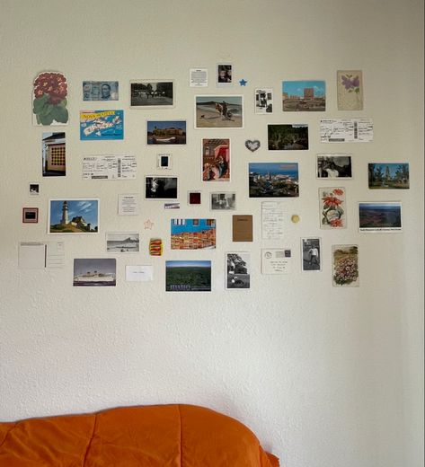 My updated postcard wall 🥰 Hanging Notes On Wall, Postcard Picture Frame, Postcard Wall Collage, Postcard Gallery Wall, Postcards On Wall, Hang Postcards, Postcard Display Wall, Wall Postcards, Postcard Wall Decor