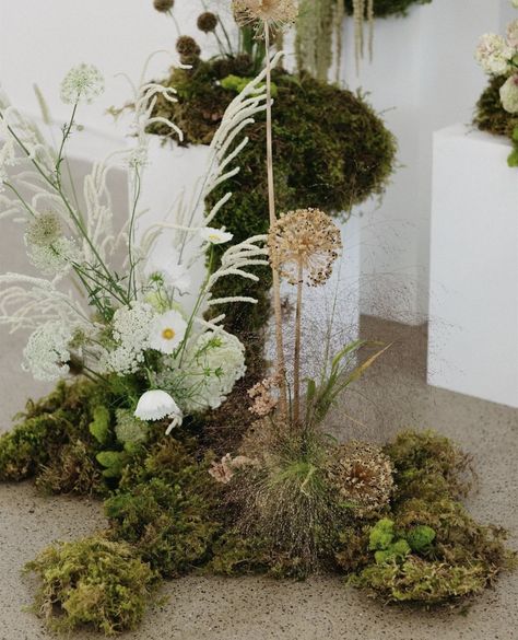 Flower Arrangements With Moss, Japandi Wedding Decor, Bush Wedding Decor, Modern Chuppah Wedding, Ground Wedding Flowers, Moss Floral Arrangements, Moss Tablescape, Japandi Wedding, Moss Arrangements