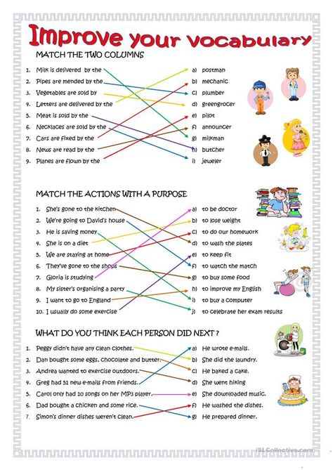 Let's learn English!  Topic: #Vocabulary Matching Type.  This is good for the beginners who are eagerly learning the #English language. The following examples emphasize each sentence that corresponds by itself (e.i. action, purpose, and profession).  Please subscribe and like our channel for some English lessons.  YouTube:  www.youtube.com/c/GeniusEnglishProficiencyAcademy   For more info:  Website: www.studyenglishgenius.com Russian website: ru.studyenglishgenius.com   #ESLSchool #EnglishLesson Vocabulary Exercises, Esl Vocabulary, English For Beginners, Improve Your Vocabulary, Teaching English Grammar, Improve English, Learning English For Kids, Conversational English, English Vocab