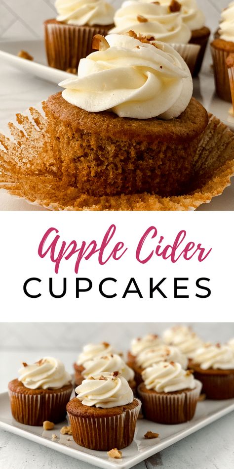 Do you want to make a recipe that tastes like fall? These Apple Cider Cupcakes are made with real apple cider, spice cake mix, and apple pie spice. You will LOVE these baked goodies. Apple Cider Cupcakes, Apple Spice Cupcakes, Apple Cider Muffins, Fall List, Cake Mix Doctor, Cake Mix Cupcakes, Best Apple Cider, Apple Spice Cake, Spice Cake Recipes