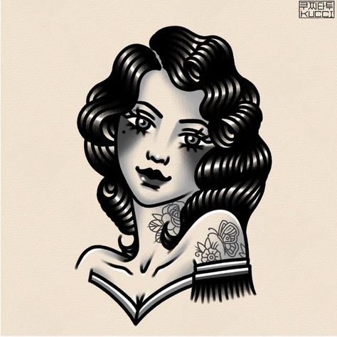 Traditional Women Tattoo, American Traditional Portrait, American Traditional Woman Tattoo, American Traditional Lady Head, Traditional Woman Tattoo, American Traditional Tattoos Black And White, Vintage Traditional Tattoo, Traditional Tattoo Woman Face, Pin Up Girl Tattoos