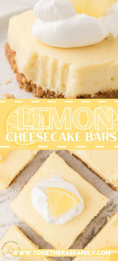 Lemon Cheesecake Bars are the perfect dessert for all the lemon lovers! A creamy cheesecake filling with freshly squeezed lemon juice with a buttery graham cracker crust - creates the perfect combination between sweet, buttery, tangy, and citrus flavors. Desserts With Lemon Juice, Super Easy Lemon Bars, Lemon Angel Cake Bars, Lemon Cheesecake Dessert, Fresh Lemon Recipes Desserts, Lemon Bar Cheesecake, Desserts With Lemon Pie Filling, Easy Lemon Cheesecake Bars, Fresh Lemon Dessert Recipes