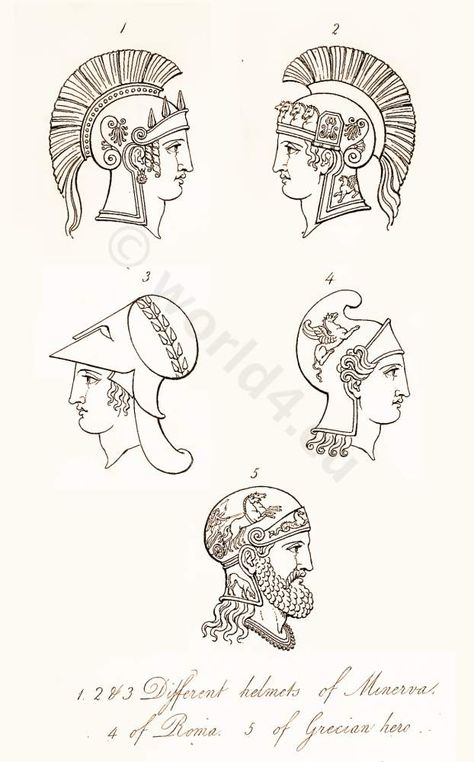 Ancient Roman helmets of Minerva and Grecian Hero. Greek Helmet Drawing, Roman Helmet Drawing, Greek Helmet Tattoo, Roman Helmet Tattoo, Ancient Rome Tattoo, Roman Drawings, William Miller, Roman Tattoo, Ancient Art Tattoo