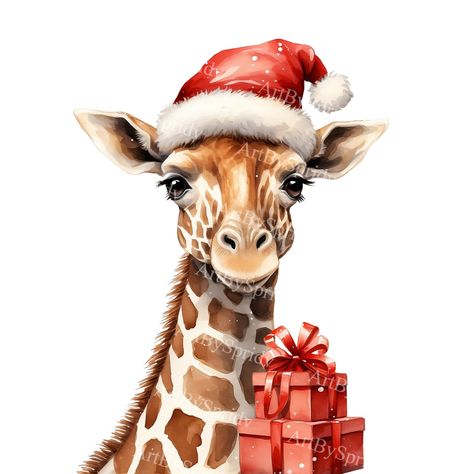 Christmas Giraffe, Holiday Art, Christmas Animals, Cartoon Design, Christmas Magic, Santa Hat, Png Clipart, Art Original, Drawing And Illustration