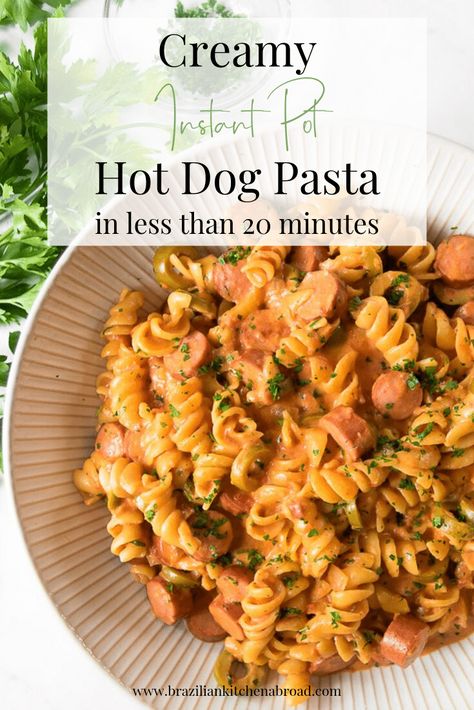 This epic hot dog pasta recipe is my all time childhood favorite. It sure isn't fancy, but, it's on the table in about 20 minutes, it's made with simple, everyday ingredients, and it's creamy and sinfully delicious. It's the perfect lazy dinner, made in the Instant Pot, sure to become your familia's hectic week go-to dinner! #hotdogrecipes #instantpotrecipe #brazilianrecipe Hot Dog Instant Pot, Lil Smokies Pasta, Hot Dog Crock Pot Recipes, Wiener Recipes Meals, Pasta And Hot Dog Recipes, Hot Dog Dinner Recipes, Hot Dogs And Noodles, Hotdogs Pasta Recipes, Hot Dog And Rice Recipes