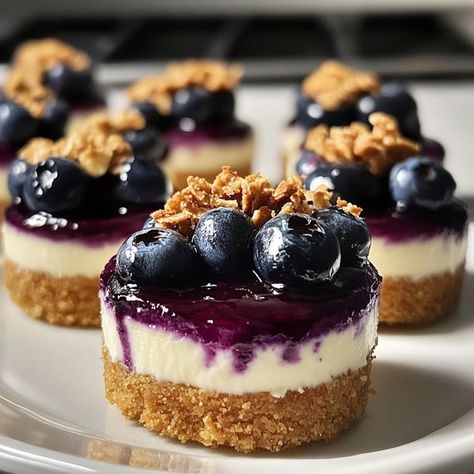 Individual Baked Cheesecakes, Blueberry Cheesecake Cups, Mini Blueberry Cheesecake Recipes, Blueberry Cheesecake Mini, Blueberry Crumble Mini Cheesecakes, Blueberry Cheesecake Crumb Cake, Blueberry Cheesecake Aesthetic, Coffee And Donuts, Food Therapy