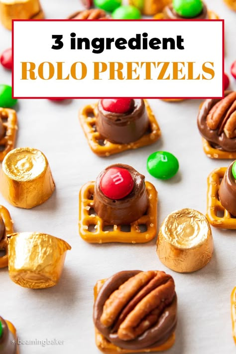 Easy, fun, delicious! 3 ingredient Rolo Pretzels are so quick ‘n easy to make for a festive holiday treat that’s salty ‘n sweet! Crunchy, salty pretzels combine with soft, gooey caramel and melted chocolate with a cute garnish. | Recipe at BeamingBaker.com Simple Pretzel Recipe, Rolo Pretzels Recipe, Pretzels And Chocolate Recipes, Pretzel M&m Treats, Pretzel Rolo M&m, Pretzel Rolo Bites, Candy With Pretzels, Mini Pretzels Recipes, Pretzels With Rolos