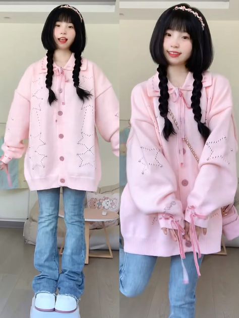 Kawaii Outfits With Jeans, Harajuku Style Pink Sweater For Spring, Pink Harajuku Style Crew Neck Sweater, Oversized Pink Harajuku Sweatshirt, Pink Harajuku Sweatshirt With Anime Print, Hoody Outfits, Kawaii Pink Cardigan, Kawaii Outfit Ideas, 2000s Japanese Fashion