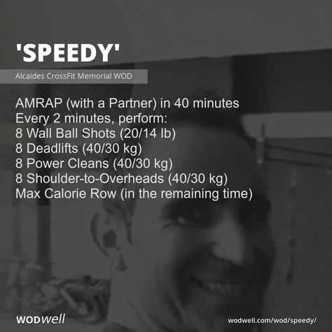 "Speedy" Workout, CrossFit WOD | WODwell - AMRAP (with a Partner) in 40 minutes; Every 2 minutes, perform:; 8 Wall Ball Shots (20/14 lb); 8 Deadlifts (40/30 kg); 8 Power Cleans (40/30 kg); 8 Shoulder-to-Overheads (40/30 kg); Max Calorie Row (in the remaining time) Glute Wod Crossfit, Crossfit Engine Workout, 30 Minute Crossfit Workout, Wallball Workout Crossfit, Hero Crossfit Workouts, Crossfit Emom Wod, Crossfit Wod With Dumbbells, Partner Workouts Crossfit, Hero Workouts Crossfit