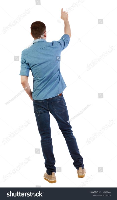 Short Sleeve Shirt Drawing Reference, Pointing Up Pose Reference, Standing Pose Back View, Model Back Pose, Man Standing Back View, Person Standing Back View, Person Back View Drawing, Guy Back View, Person Back View