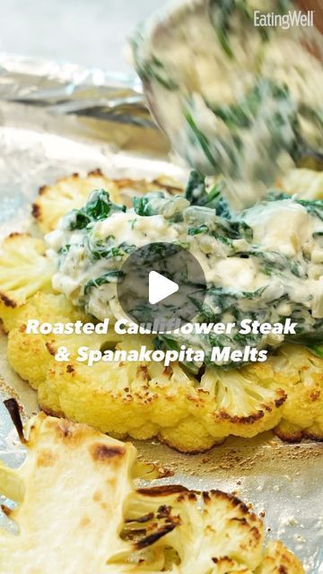 EatingWell on Instagram: "If you love spanakopita, this recipe from @adam.dolge is a must-make. It’s got all the flavors of the Greek spinach pie, piled atop a roasted cauliflower steak. Ingredients: - 2 medium heads cauliflower - 2 tablespoons extra-virgin olive oil, divided - ¼ teaspoon salt - ¼ cup chopped shallot - 1 (11 ounce) package baby spinach - 2 teaspoons chopped fresh dill - 2 teaspoons chopped fresh parsley - 1 clove garlic, grated - ¼ teaspoon ground pepper - ½ cup part-skim ricotta cheese - 6 tablespoons crumbled feta cheese - ½ cup shredded smoked Cheddar cheese Directions: 1. Arrange racks in middle and upper third of oven; preheat to 450 degrees F. Line a large rimmed baking sheet with foil. 2. Remove any outer leaves from cauliflower, but keep stems intact. Place on a Roasted Cauliflower Steak & Spanakopita Melts, Smoked Cheddar Cheese, Greek Spinach, Cauliflower Steak, Greek Spinach Pie, Roasted Cauliflower Steaks, Cheap Vegan Meals, Cauliflower Dishes, Spinach Pie