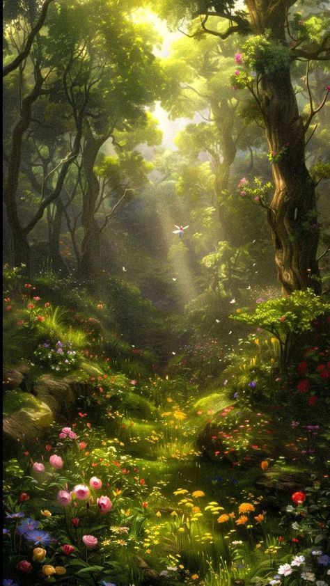 Forest Fairies Aesthetic, Forest Aesthetic Flowers, Enchanted Woods Aesthetic, Enchanted Forest Wallpaper Iphone, Fantasy Landscape Aesthetic, Nature Fantasy Aesthetic, Whimsical Forest Aesthetic, Fantasy Background Forests, Fantasy Aesthetic Forest