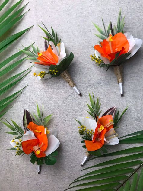 Tropical Flower Boutonniere, Tropical Wedding Boutonniere, Tropical Wrist Corsage, Bougainvillea Boutonniere, Tropical Wedding Groomsmen, Roatan Wedding, Tropical Boutonniere, Orange Bougainvillea, Tea Wedding