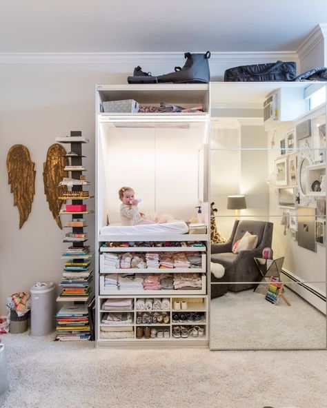 Cozy, magical and practical, a closet doubles as a changing table in this nursery renovation ✨ Wardrobe Changing Table, Built In Changing Table In Closet, Built In Changing Table, Nursery Apartment Small Spaces, Changing Table In Closet, Baby Room Storage Ideas, Nursery Renovation, Tall Baseboards, Closet Nursery