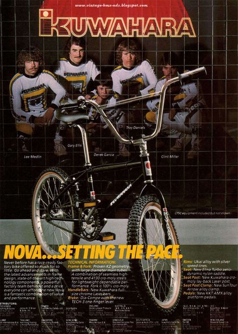 Vintage BMX Ads: KUWAHARA NOVA... SETTING THE PACE. Kuwahara Bmx Bicycles, Bmx Photography, Bmx Bandits, Bmx Dirt, Bmx Cruiser, Vintage Bmx Bikes, Lowrider Bicycle, Modern Bicycle, 80s Stuff